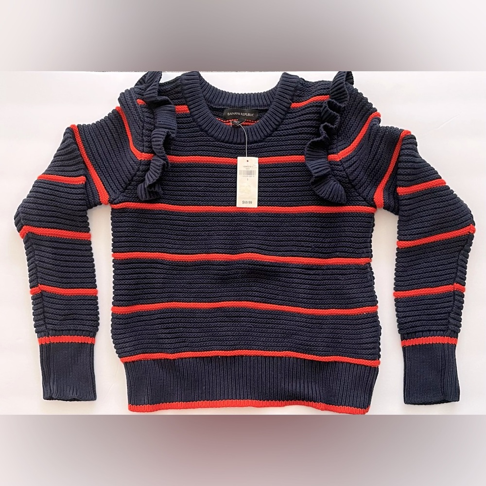 NEW Banana Republic Sweater, Navy with Orange Stripes, Size S, Retail $69